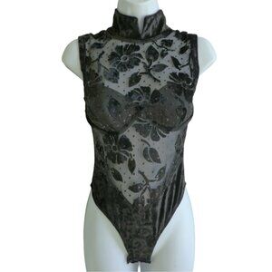 NEW Vintage Victorias Secret Gold Label Black Burnout Velvet Mesh Bodysuit XS